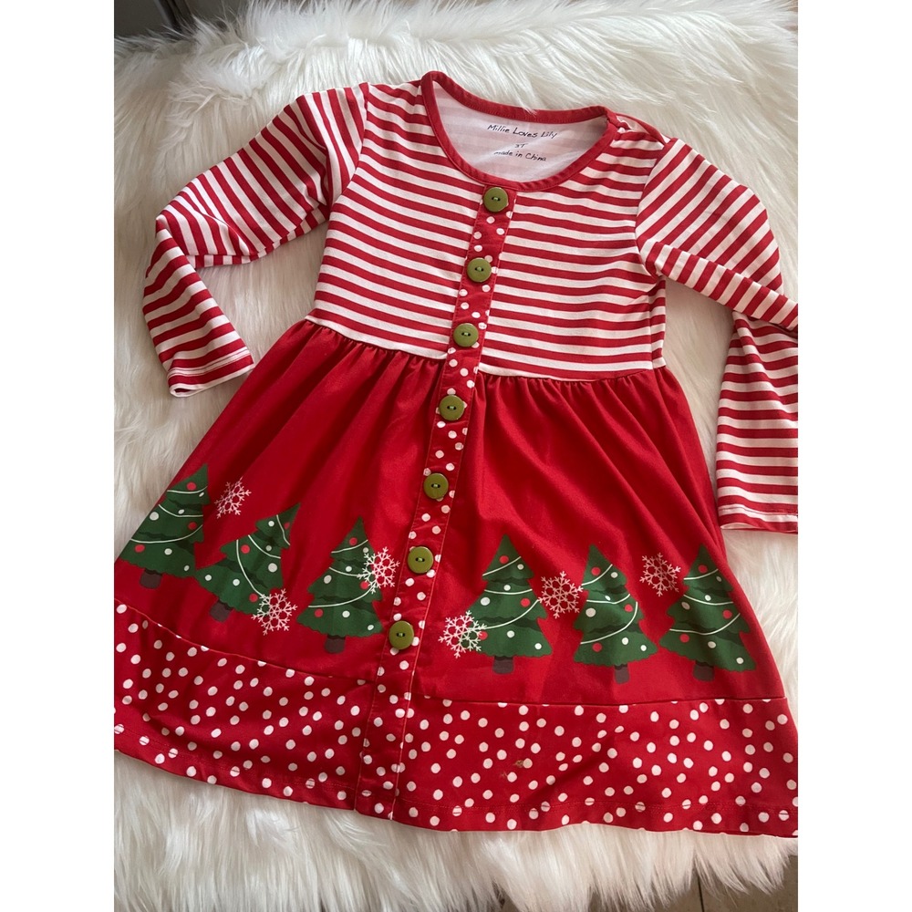 Millie Loves Lily Girls Red Christmas Tree Border Angel Wing Dress Size 3T